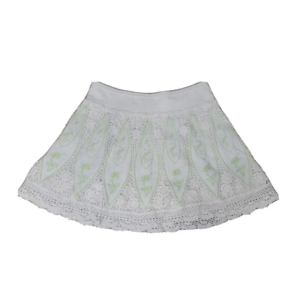 Free People SZ 8 White/Green Embroidered Lined Women's Skirt Boho Crochet